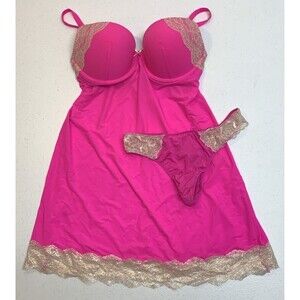 Victoria's Secret Babydoll Lingerie Slip Dress Set 34D Hot Pink S Thong Coquette